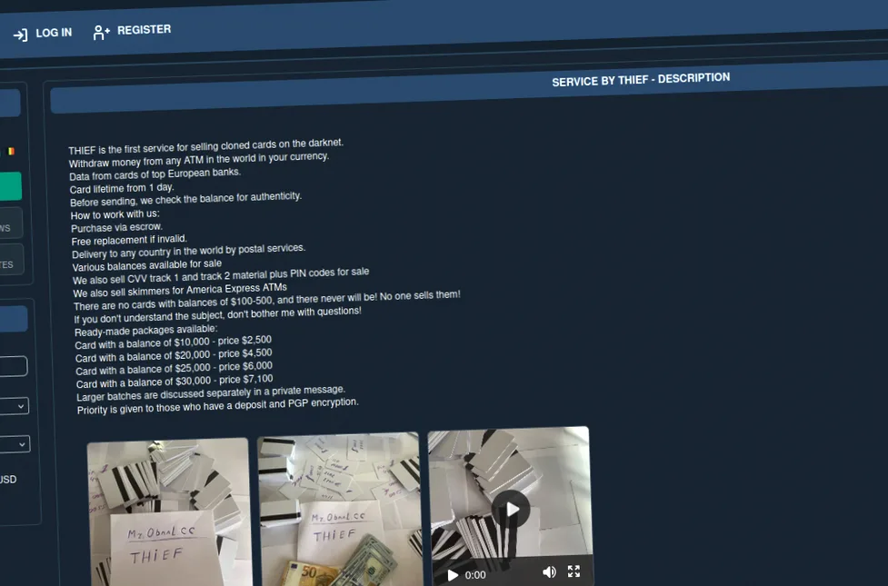 Darknet marketplace interface offering cloned cards for sale.